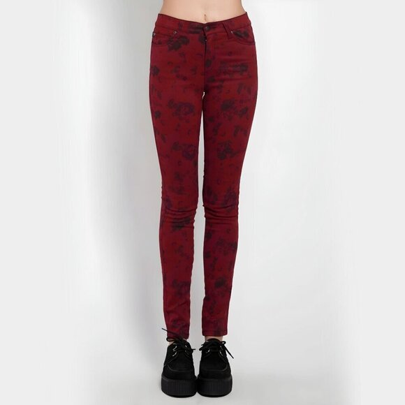 Tripp NYC Wine Red Skinny Jeans – High Waist | Black Floral | 26 | Stretch Twill - Picture 4 of 5